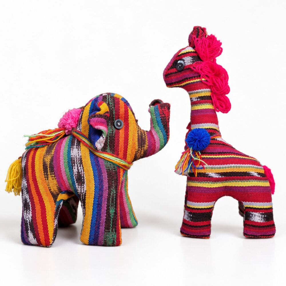 Vintage Folk Art Woven Elephant Llama Giraffe Handmade Textile Animals Set 2